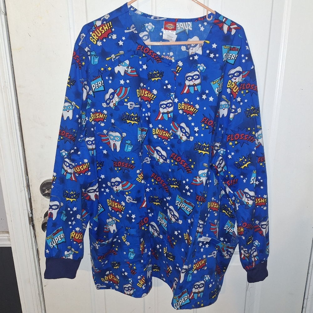 NWT Dickies Scrub Top~Jacket~Dental~Teeth~Brush~Floss~Rinse~Pockets~4XL
